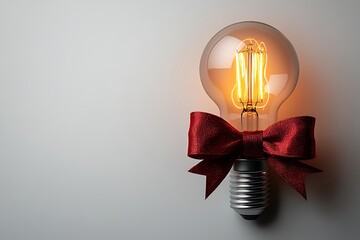 a glowing light bulb with a red bow, symbolizing a bright idea as a gift.