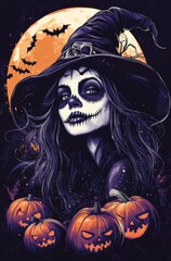 Wall Mural -  A woman with long hair wears a witch hat, holding pumpkins before a full moon The moon, similarly full, looms large behind her