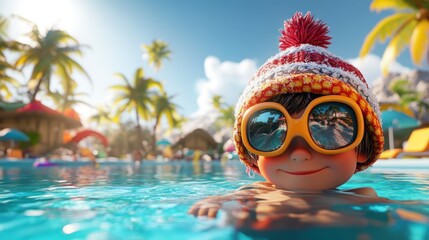 Poster - A cheerful child in sunglasses and a hat enjoys a sunny day by the pool.