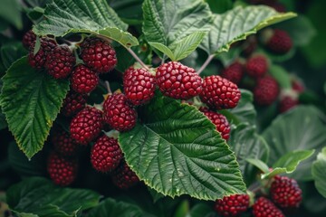 Wall Mural - A bunch of red berries are hanging from a leafy green branch