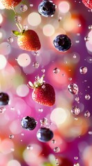 Wall Mural -  A collection of strawberries and blueberries afloat in a shallow pool of water, accompanied by bubbles rising from the depths beneath them