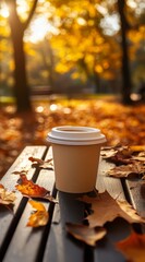 Wall Mural -  A cup of coffee atop a wooden table in a park's center, surrounded by fallen autumn leaves