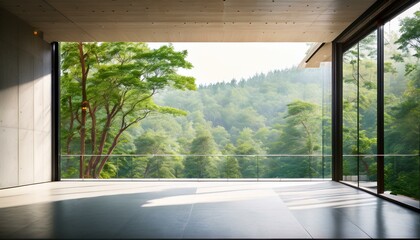 Wall Mural - Terrace with forest view. Balcony room in the hotel with landscape that is visible through panoramic windows. Empty space with sunlight.

