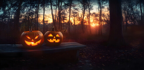 Wall Mural - A spooky forest sunset with a haunted evil glowing eyes of Jack O' Lanterns on the left of a wooden bench on a scary halloween night.