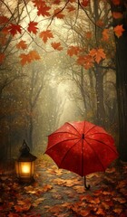 Wall Mural -  A red umbrella sits atop a ground covered in leaves, beside a lamp post, in a forest's heart