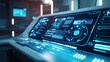 © Elmira - A sleek control panel shows virtual buttons and real-time healthcare analytics with patient data in a cutting-edge medical facility. Advanced technology enhances healthcare management