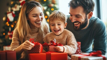 Joyful family unwrapping gifts by Christmas tree, bright festive atmosphere.