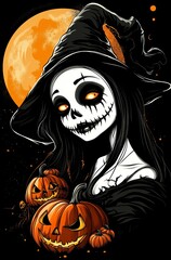 Wall Mural -  A woman in a witch costume, clutching two pumpkins, stands before a backdrop of a full moon The moon's radiant glow fills the frame behind her