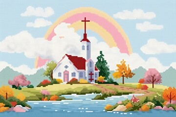 Wall Mural - Cross stitch church landscape outdoors painting.