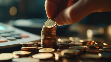 Wall Mural - A hand stacking coins on a pile, with a calculator in the background.