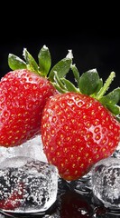 Sticker -  Two strawberries atop ice cubes on a black surface, surrounded by water droplets