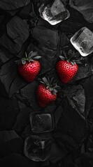 Sticker -  A monochrome image of three strawberries atop a black stone floor, surrounded by ice cubes against an ice-cubed background