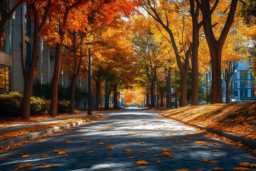 Canvas Print - Street Path. Autumn Landscape with City Park and Tree-Lined Street