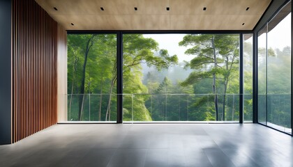 Wall Mural - Terrace with forest view. Balcony room in the hotel with landscape that is visible through panoramic windows. Empty space with sunlight.

