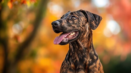 Canvas Print - A close-up of a happy brindle dog against a colorful autumn background.