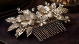 Captivating white gold floral hair comb featuring a cascading arrangement of delicate blossoms and leaves