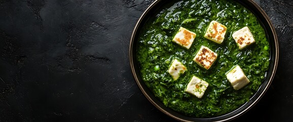 Top view of palak paneer, a traditional Indian dish made with spinach and paneer cheese in a bowl.