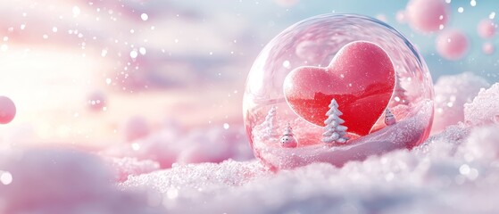 Wall Mural -  A snow globe featuring a red heart in its center and a tiny Christmas tree