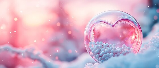 Wall Mural -  A heart-shaped ornament atop a snowy mound, framed by a pink sunset sky