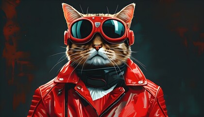 Wall Mural - Stylish anthropomorphic lady cat in a red biker jacket and futuristic goggles, vibrant pop art digital illustration