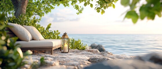 Wall Mural -  A couch placed on a sandy beach near a body of water, lantern atop it