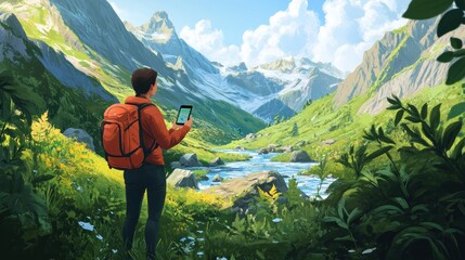 Sticker - A hiker admires a scenic mountain landscape while using a smartphone.