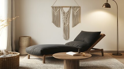 Cozy and intimate modern living room with a deep chaise lounge low profile wooden coffee table macrame wall hanging and a statement floor lamp exuding a relaxed and inviting ambiance