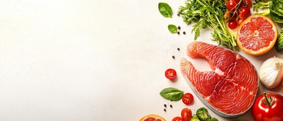 Canvas Print -  Raw salmon, tomatoes, broccoli, spinach, and various vegetables on a white background