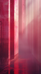 Wall Mural - A vibrant abstract scene featuring red concrete walls and mist, creating mysterious atmosphere. interplay of light and shadow enhances depth and intrigue of space