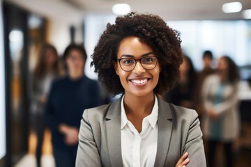 Canvas Print - Smiling confident african businesswoman looking at camera and standing in an office at team meeting glasses smiling adult.