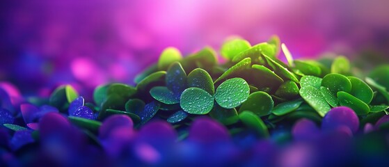 Wall Mural -  A tight shot of clover cluster against blurred backdrop of purple and green foliage