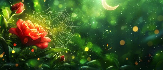 Wall Mural -  A red flower with a spider web adjacent and a moon behind