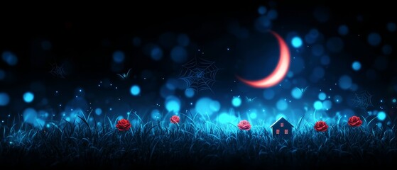 Wall Mural - a house in the grass, red rose in foreground, crescent moon in background