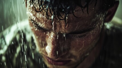 Canvas Print - A close-up of a man with water cascading down his face, conveying emotion and intensity.