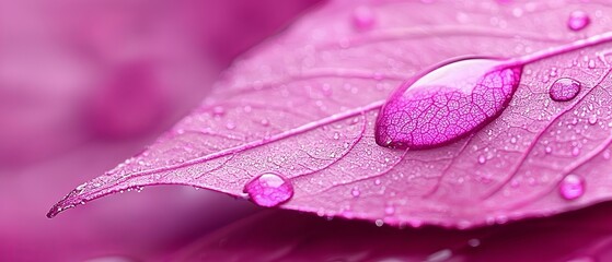 Sticker -  A tight shot of a pink leaf, tips dotted with water droplets against a soft pink backdrop