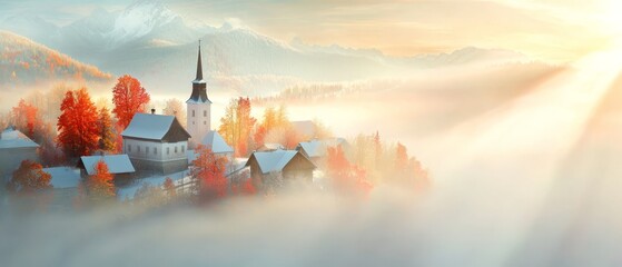 Wall Mural - trees dot the foreground, mountains shrouded in mist form the backdrop