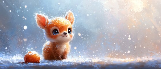  A painting of a baby fox in the snow, with an orange ball before its snout