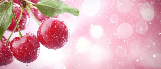 Sticker -  Three cherries drip with water on a branch against a backdrop of pink bokeh light