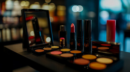 Colorful makeup products on a table in a beauty store, with a blurred background.