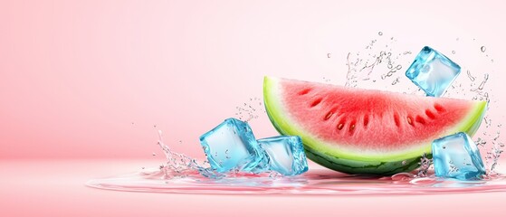 Wall Mural -  A watermelon slice with ice cubes against a pink backdrop, dripping with a water splash