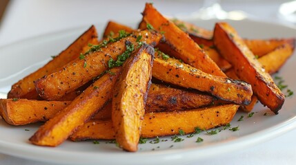 Wall Mural - A plate of crispy sweet potato fries garnished with parsley and seasoned with salt and pepper.