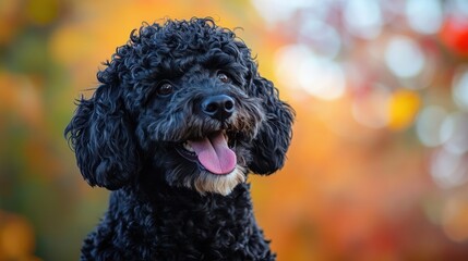 Canvas Print - A cheerful black dog with curly fur against a colorful autumn background.