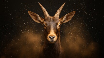 Canvas Print -  Close-up of a goat's head against a black backdrop with golden specks scattering the surroundings