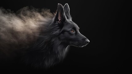 Wall Mural -  Close-up of a dog's face with smoke emerging from its ear against a black backdrop