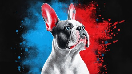 Wall Mural -  A dog's face painted in isolation, backdrop splattered with red, white, and blue hues