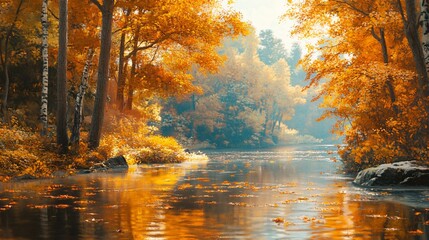 Sticker - A peaceful autumn scene of a river flowing through a forest, with vibrant yellow leaves falling on the water and reflecting the sunlight.