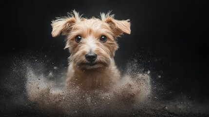 Sticker -  A dog's face, in tight focus, rests against a backdrop of pure blackness Dirt speckles the ground in the foreground