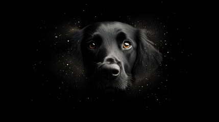 Wall Mural -  A tight shot of a black dog's expressive face against a black backdrop, adorned with golden speckles and twinkling stars