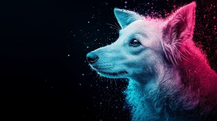 Wall Mural -  A tight shot of a dog's face, adorned with paint splatters in pink and blue hues