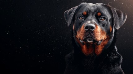 Poster -  A dog's face in tight focus against black backdrop Star-studded night sky behind